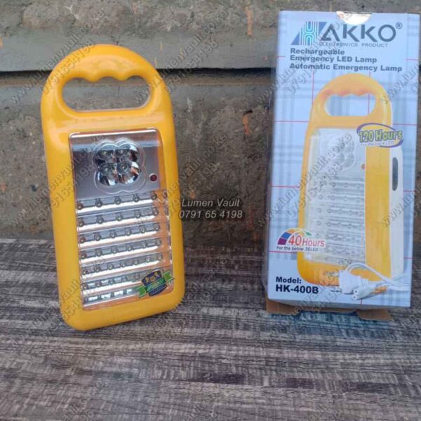 962 Overview Brand Name: Hakko/Akko Bulb Type: Led Battery Type: Lead-Acid Material: New Abs Plastic Body Usage: Emergency ,Camping Certification: Ce Specifications: Led Source :40Pcs Led Color: Yellow/Sky Blue Light Sources: 40Pcs Led Built-In Battery: 6V 4Ah Rechargeable Sealed Lead-Acid Battery Charging Voltage: Ac 220V Charging Time: 20~24 Hours Performance Time: &Quot;4Pcs Led:120~150Hours 36Pcs Led:40~50 Hours&Quot;