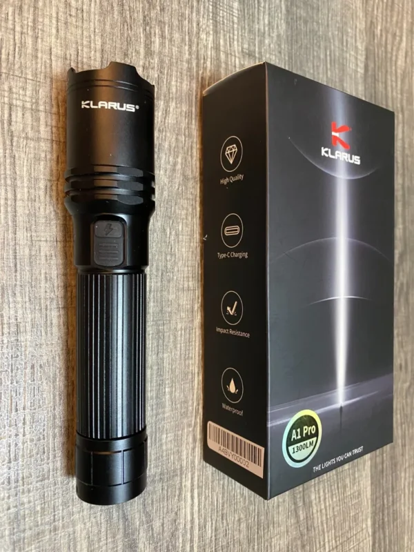 Klarus A1 Pro Features Of The Klarus A1 Pro Torch With Usb-C Rechargeable Flashlight:&Lt;P&Gt;• Brightness, Runtime And Beam Range Specs☼ High – 1300 Lumens, 3.2 Hours, 230 Meters☼ Medium – 200 Lumens, 11 Hour Run Time, 110M Range☼ Low – 30 Lumens, 72 Hour Run Time, 51M Range☼ Strobe – 1000 Lumens, 6.6 Hour Run Time&Lt;/P&Gt; &Lt;P&Gt;• Maximum Beam Range Of 754 Feet (230 Meters)• Waterproof To Ipx6 Standard• Impact Resistant• 6061-T6 Aerospace Grade Aluminum Construction• Mid Body Switches▹ Primary Switch – Fully Press For On Or Off; Light Press To Change Brightness▹ Tactical Strobe Switch – Press For Strobe From Any Mode▹ Always Turns On In Last Brightness Level Used• Usb-C Charging▹ Attach Included Usb-C Cable To Flashlight For Charging▹ Charging Indicator Changes From Red To Blue When Charging Is Complete• Battery Status Indicator Glows For 5 Seconds When Light Is Switched On▹ Blue – 70-100%▹ Red – 15-30%▹ Flashing Red – &Lt;15%&Lt;/P&Gt;